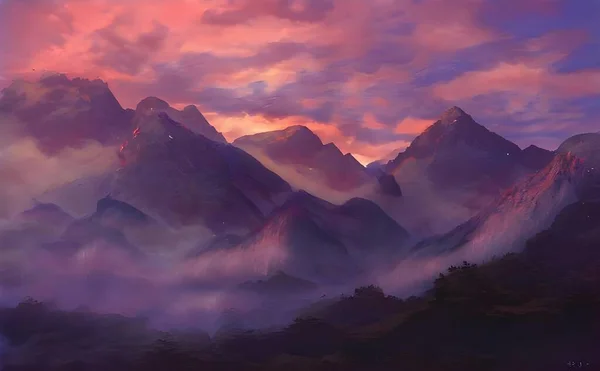 Uma Ilustração Hiper Realista Montanhas Nubladas Com Céu Colorido Pôr — Fotografia de Stock