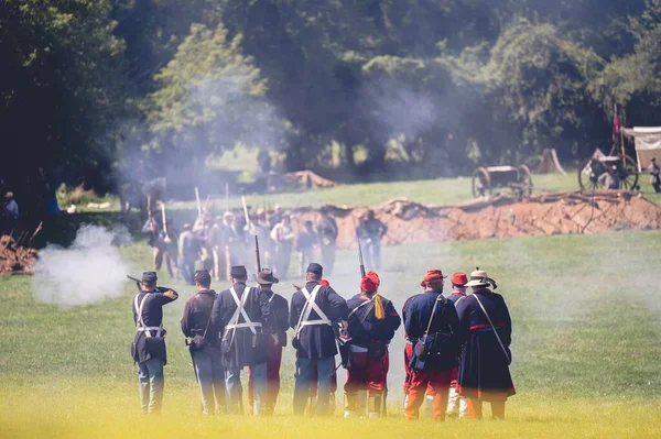 Shallow Focus Back View Soldiers Civil War Muster Reenactment Jackson — Stock Photo, Image
