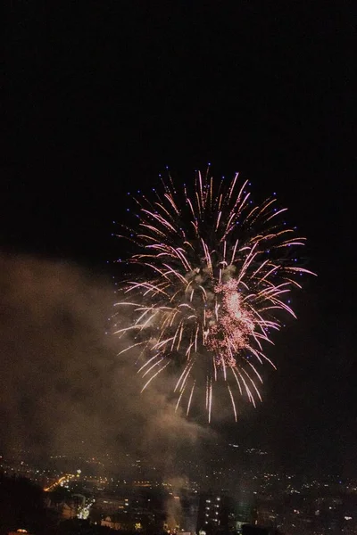 Incrível Fogo Artifício Colorido Ano Novo Contra Fundo Escuro Paisagem — Fotografia de Stock
