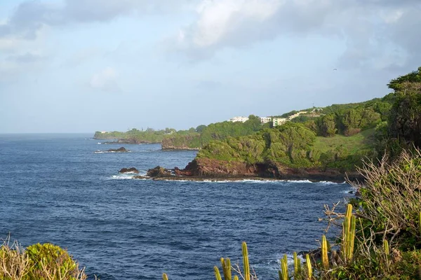 一个美丽的蓝色海水拍摄靠近岩石海岸与绿色悬崖 — 图库照片
