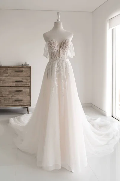 Vertical Shot Beautiful Long Wedding Dress Mannequin — Stock Photo, Image
