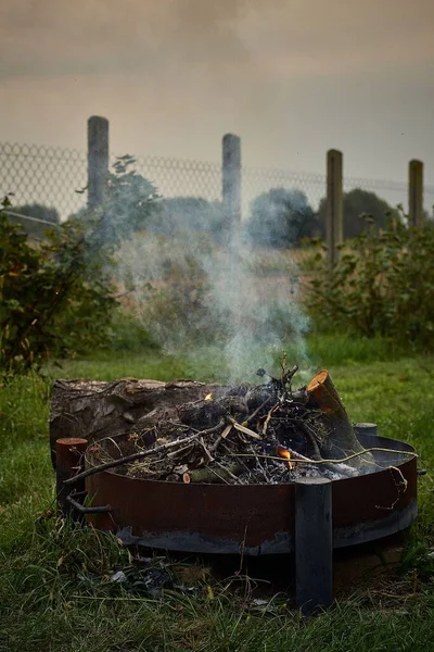 庭の芝生の上の火ピット上の薪を燃焼の垂直閉鎖 — ストック写真