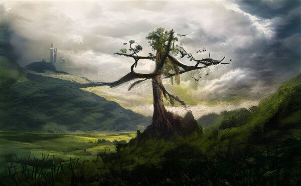 An illustration of a tree in the field surrounded by green hills under a cloudy sky