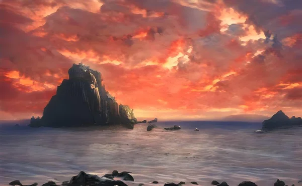 在红色多云的天空下 水面上悬崖峭壁的海景 — 图库照片