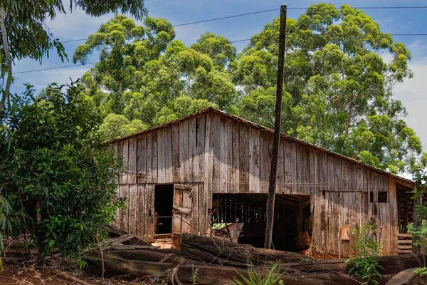 Una Antigua Casa Madera Tierras Cultivo Sobre Fondo Forestal —  Fotos de Stock