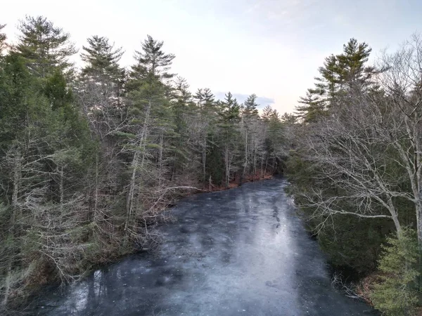 木々に囲まれた凍る川の美しい景色 — ストック写真