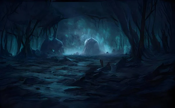 Ілюстрація Примхливого Лісу Голими Деревами Скелястою Землею Вночі — стокове фото