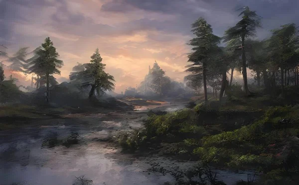 Hyper Realistic Illustration River Flowing Forest Dusk — Stock Photo, Image