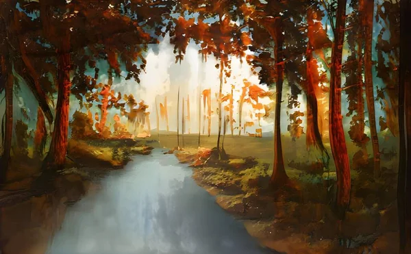 Иллюстрация Леса Высокими Деревьями Зеленой Травой Рекой Освещенной Солнечными Лучами — стоковое фото
