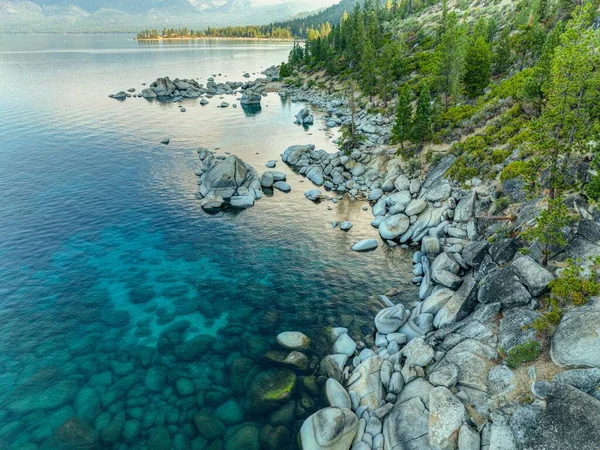 An aerial shot of the rocky coast of Lake Tahoe in the USA.