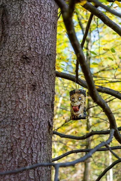 明るい日の秋に森の中の木に掛かる古い木製のマスクの垂直ショット — ストック写真