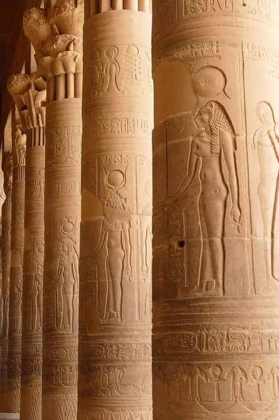 古埃及卢克索神殿柱子的垂直截图 柱子上刻有刻有符号 — 图库照片