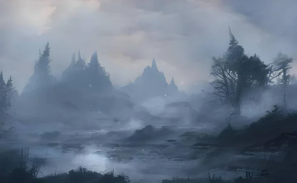 Μια Απεικόνιση Ενός Φυσικού Τοπίου Στην Ομίχλη — Φωτογραφία Αρχείου