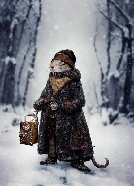 Rato Antropomórfico Casaco Inverno Personagem Neve Desenho Animado Livro Infantil — Fotografia de Stock