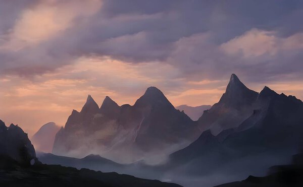A hyper-realistic illustration of cloudy mountains with sunset sky in background