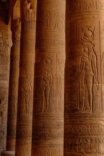 Tiro Vertical Das Colunas Antigo Templo Luxor Egípcio Com Símbolos — Fotografia de Stock