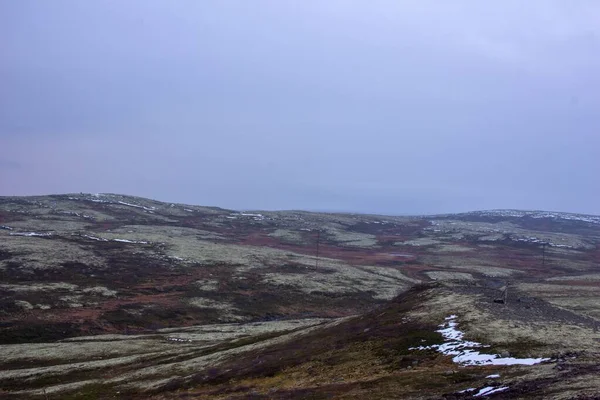Ett Landskap Grön Mark Med Vattenfläckar Grå Dimmig Himmel Murmansk — Stockfoto