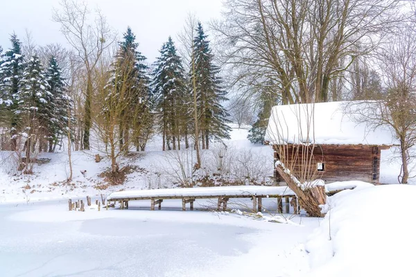 Una Piccola Casa Legno Una Terra Piena Neve Con Alberi — Foto Stock