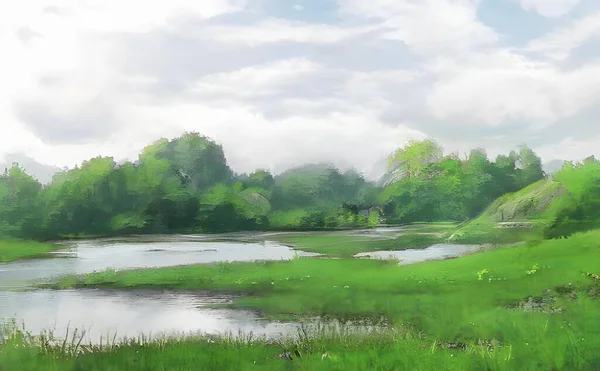 Ormanlı Bir Gölün Çizimi — Stok fotoğraf