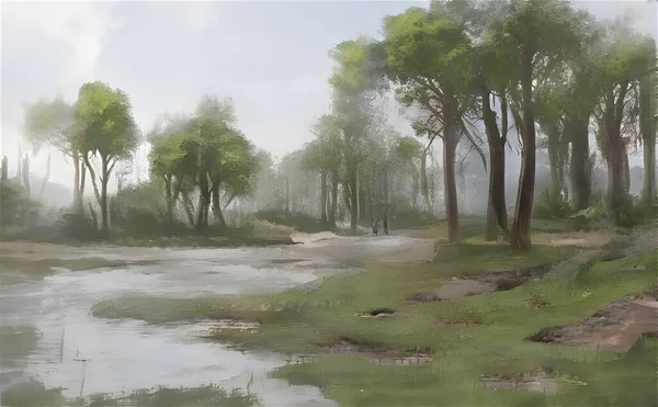 Иллюстрация Природного Пейзажа Рекой — стоковое фото