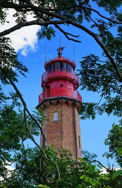 Vertical Low Angle Shot Lighthouse Red Roof Branches Tree — Stock Photo, Image