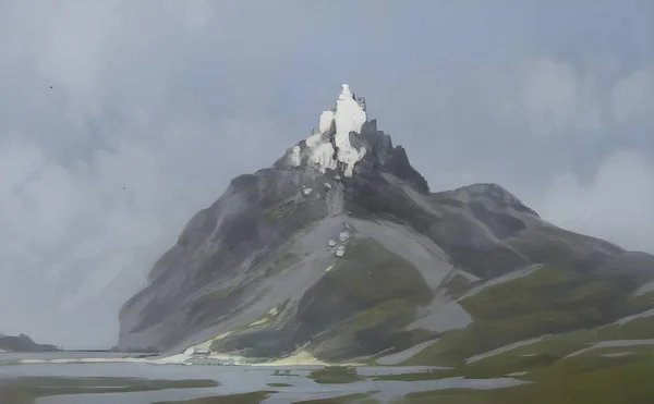 Een Hyperrealistische Illustratie Van Een Besneeuwde Berg Met Grijze Lucht — Stockfoto