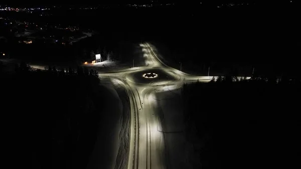 Aerial View Slightly Illuminated Empty Suburban Roundabout Winter Night — Stock Photo, Image