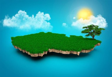 Çek Cumhuriyeti 'nin güneşli mavi gökyüzü arkaplanındaki yeşil haritasının 3D görüntüsü