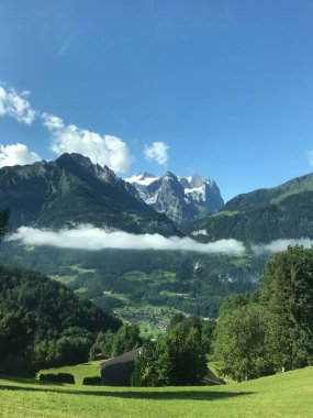 Dikey bir manzara, güneşli bir günde yeşil tarlaları, ağaçları ve dağları olan dağlık bir arazi.