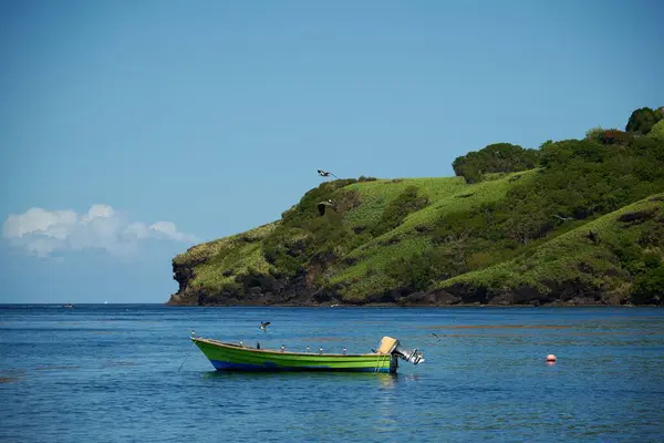 Vacker Bild Grön Båt Klarblått Vatten Solig Himmel — Stockfoto