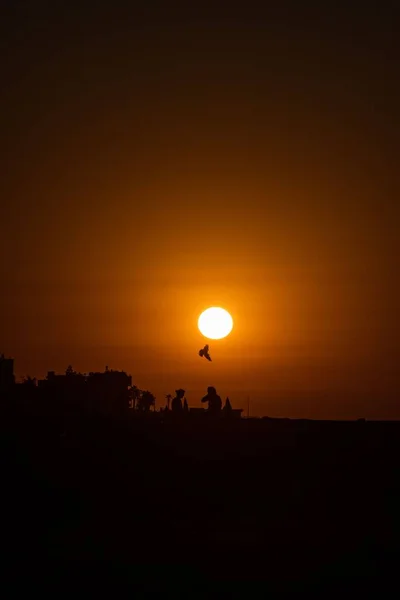 Sylwetka Ludzi Siedzących Plaży Złotej Godzinie Zachód Słońca — Zdjęcie stockowe