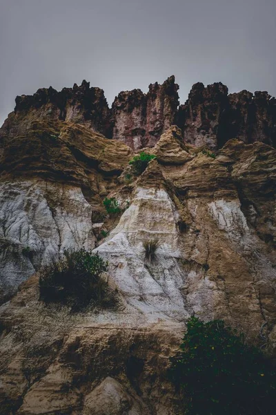 Вертикальний Знімок Крутих Гірських Утворень Розсіяними Рослинами — стокове фото