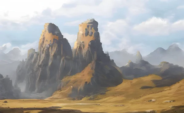 Μια Υπερ Ρεαλιστική Απεικόνιση Των Βραχωδών Βουνών Ερείπια Κάτω Από — Φωτογραφία Αρχείου