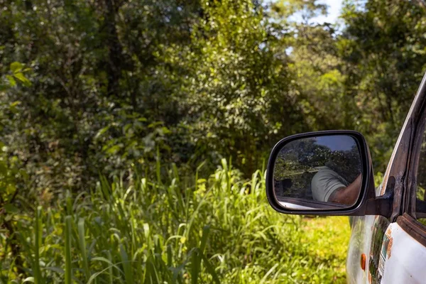 Боковой Вид Автомобиля Путешествующего Травянистому Полю Лесу — стоковое фото