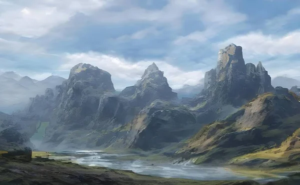 Eine Hyperrealistische Darstellung Der Felsigen Bergruinen Der Nähe Eines Flusses — Stockfoto