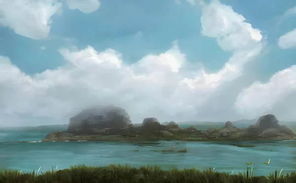 Гипер Реалистичная Иллюстрация Скальных Островов Заливе Голубым Облачным Небом Заднем — стоковое фото