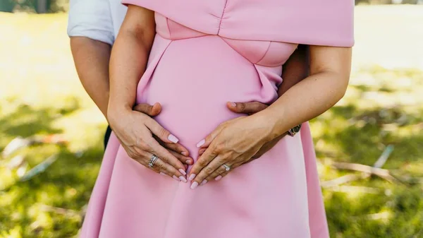 Pembe Elbiseli Hamile Bir Kadın Kocasının Birlikte Poz Verdiği Yakın — Stok fotoğraf