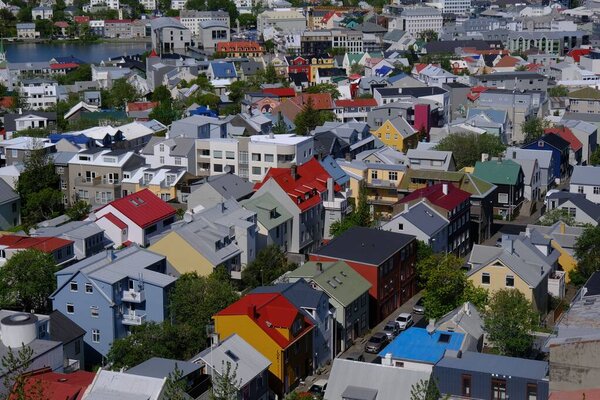 An aerial view of beautiful colorful houses in Reykjavik, Iceland