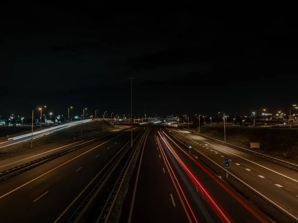 Aerial Long Exposure Shot Car Light Trails City Road Night — Stock Photo, Image