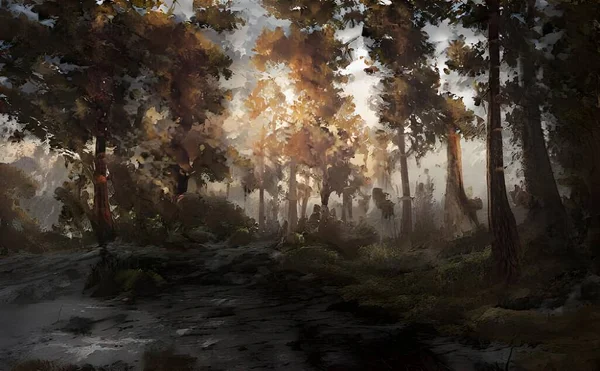 Bir Ormanın Doğal Bir Manzarasının Çizimi — Stok fotoğraf