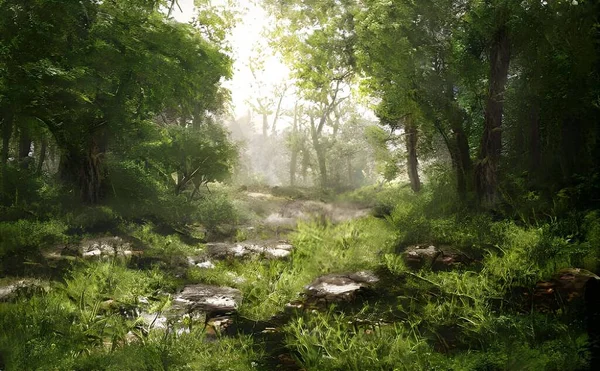 Eine Hyperrealistische Darstellung Von Grünem Wald Mit Sonnenlicht Hintergrund — Stockfoto