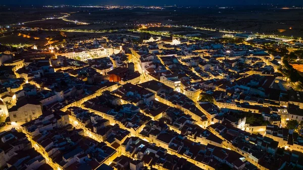 Disparo Dron Edificios Casas Elvas Portugal Por Noche —  Fotos de Stock