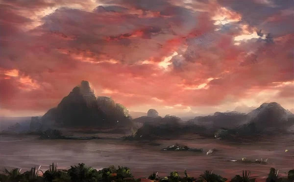 Hyper Realistické Ilustrace Skalnatých Ostrovů Vodě Růžovou Oblačnou Oblohou Pozadí — Stock fotografie