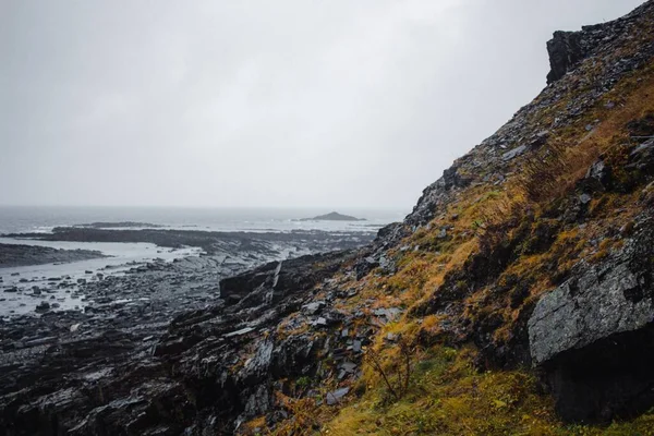 Skaliste Wybrzeże Urwiska Nad Morzem Pod Zachmurzonym Niebem Horyzoncie — Zdjęcie stockowe