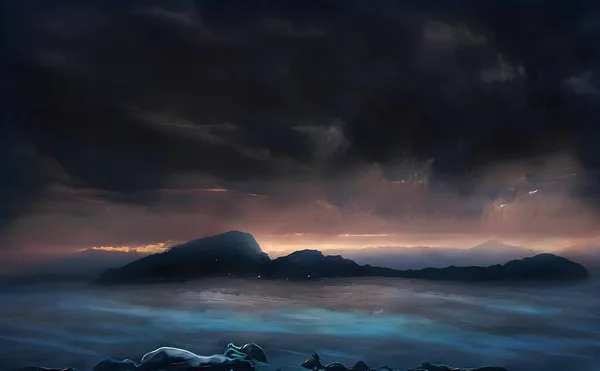 Een Illustratie Van Een Zee Onder Een Bewolkte Lucht — Stockfoto