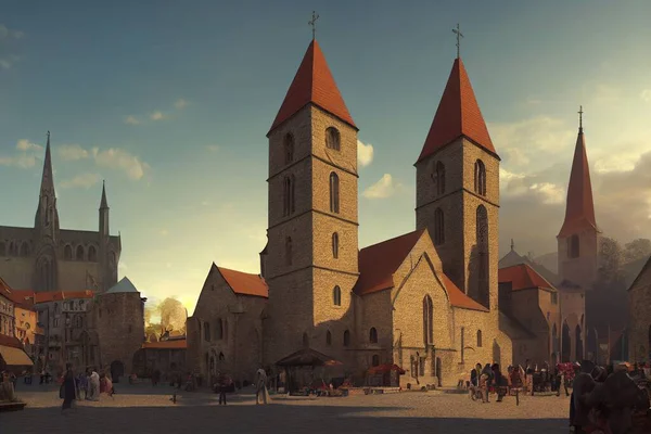 一座幻想的中世纪城市中心 有教堂和集市 — 图库照片