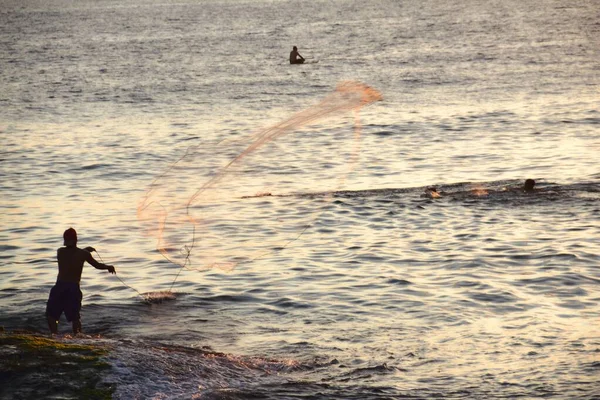 Fisherman Throwing Out His Net Rio Janeiro Dusk Brazil — Stock Photo, Image