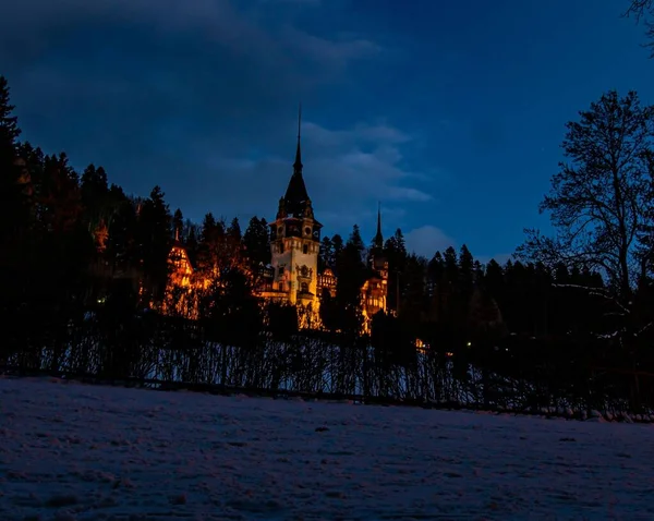 Una Vista Nocturna Del Castillo Iluminado Peles Durante Invierno —  Fotos de Stock