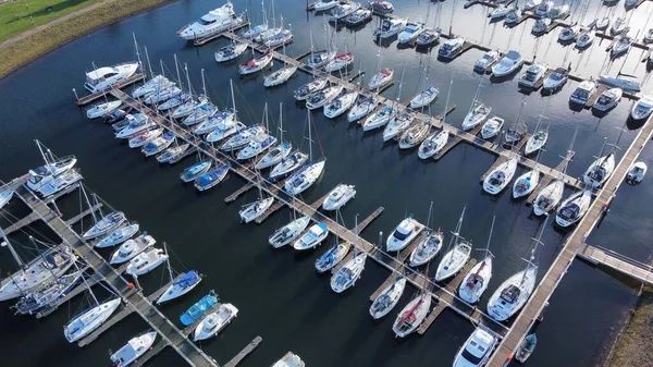 Drone Shot Ships Boats Wooden Docks Harbor — Stock Photo, Image