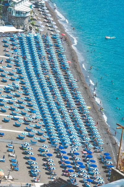 Aerial View Blue Umbrellas Beach Sunny Day — Stock Photo, Image